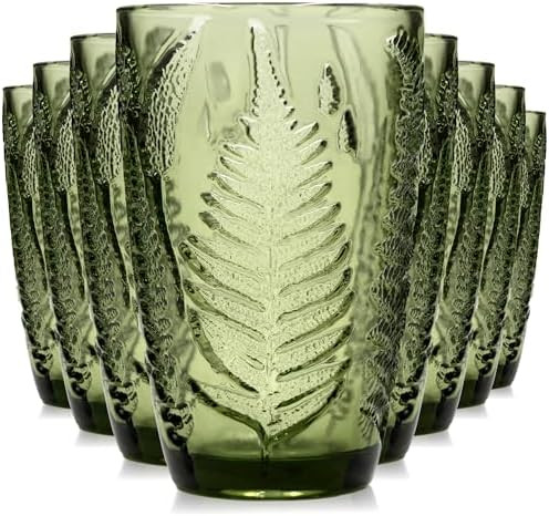Vintage Green Drinking Glasses Set of 8, 12 oz Handcrafted Green Glass Tumblers, Fern Embossed An... | Amazon (US)