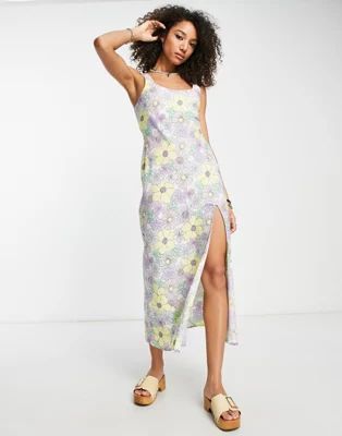 ASOS DESIGN linen scoop neck maxi sundress with split in retro floral | ASOS (Global)