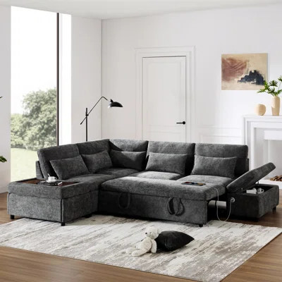 [VIDEO]107'' Sectional Sleeper Sofa Bed With Pull Out Couch, L-Shaped With Adjustable Armrest, USB&Type-C Charging, Free Movement Storage Ottoman, Fre | Wayfair North America