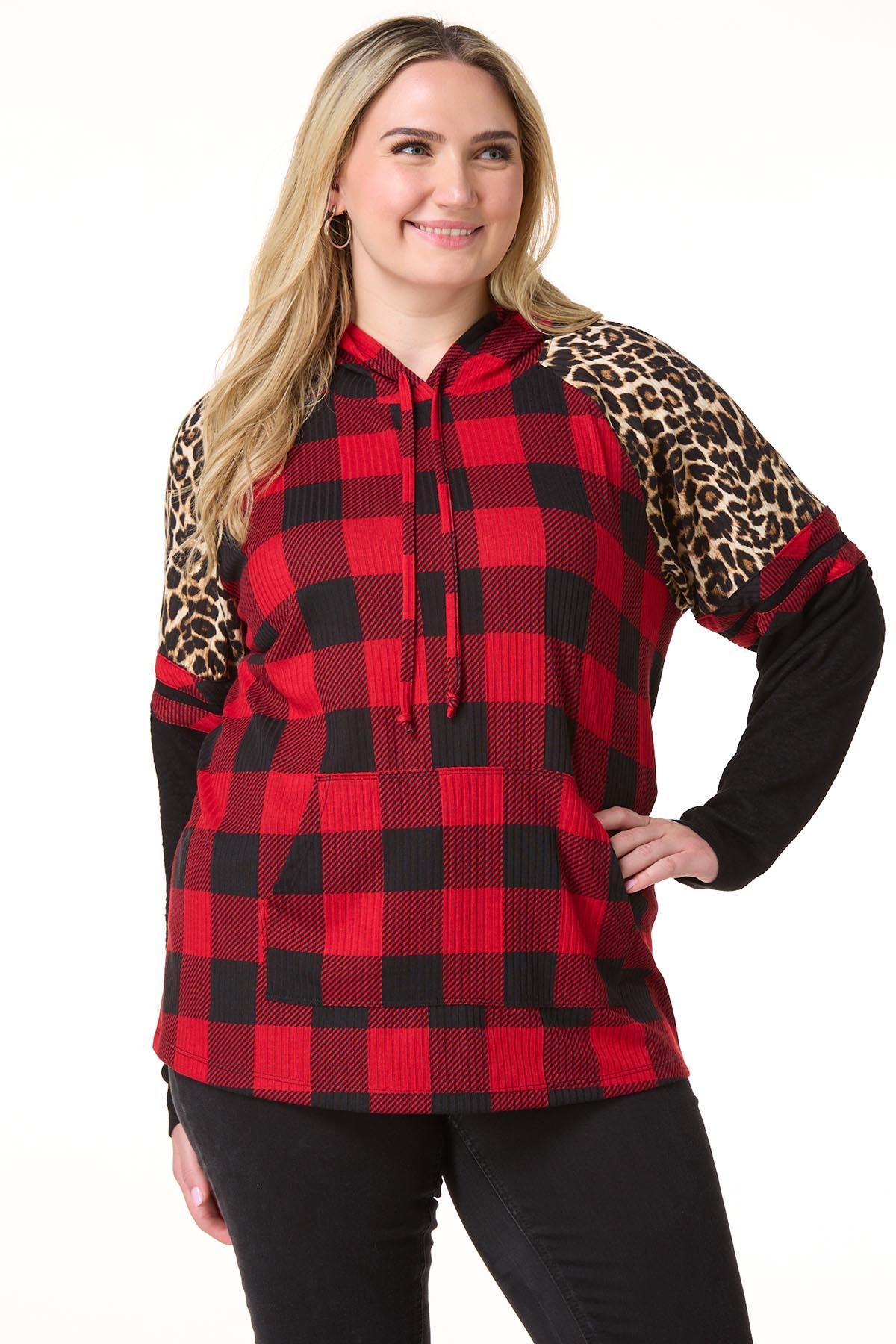 Plus Size Ribbed Red Buffalo Hooded Top | Cato Fashions