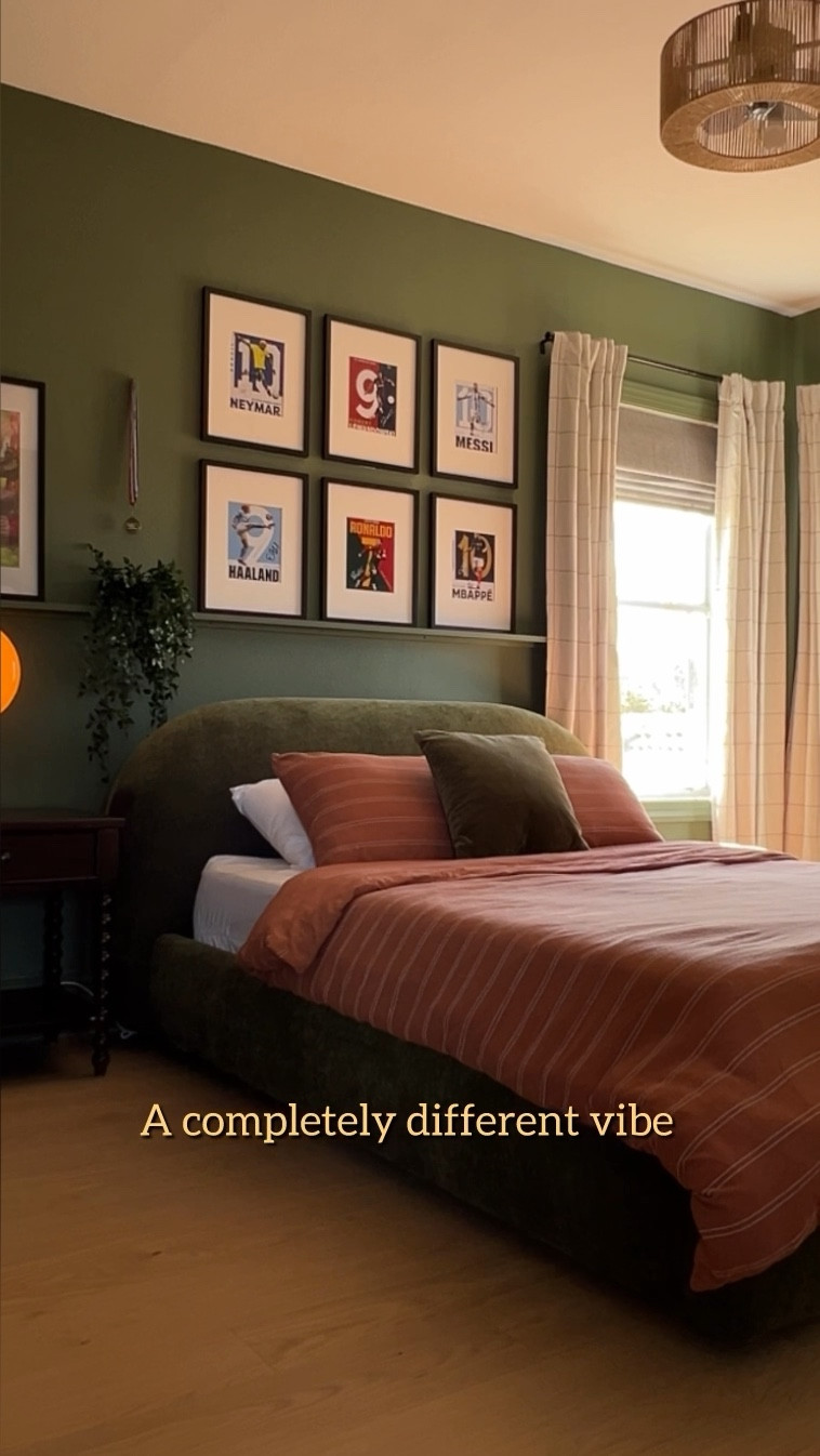 The major change to this room is the paint color and the styling that pulled it all together. The picture frames above the DIY shelf adds a lot of interest to the space. We used the same bed, desk, ottoman, blinds, curtains and art that my son already had in his room.  I did add a night table and bookshelf to store his collectibles and give him extra storage  

#LTKFamily #LTKWatchNow #LTKHome