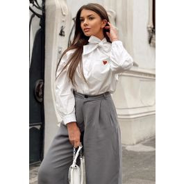 Embroidered Heart Patch Pocket Tie-Neck Shirt | Chicwish