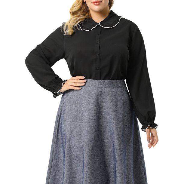 Unique Bargains Women's Plus Size Peter Pan Collar Long Sleeves Button Up Shirt - Walmart.com | Walmart (US)