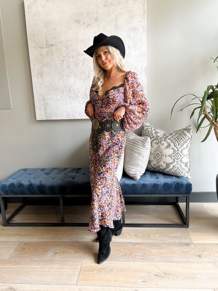 Couldn’t be more in love with a look! Love this western chic outfit. This floral maxi dress from Revolve is beautiful. Wearing an XS. Love this chunky western belt with it. Also linking my black cowboy boots and cowboy hat 

#LTKshoecrush #LTKfindsunder50 #LTKfindsunder100
