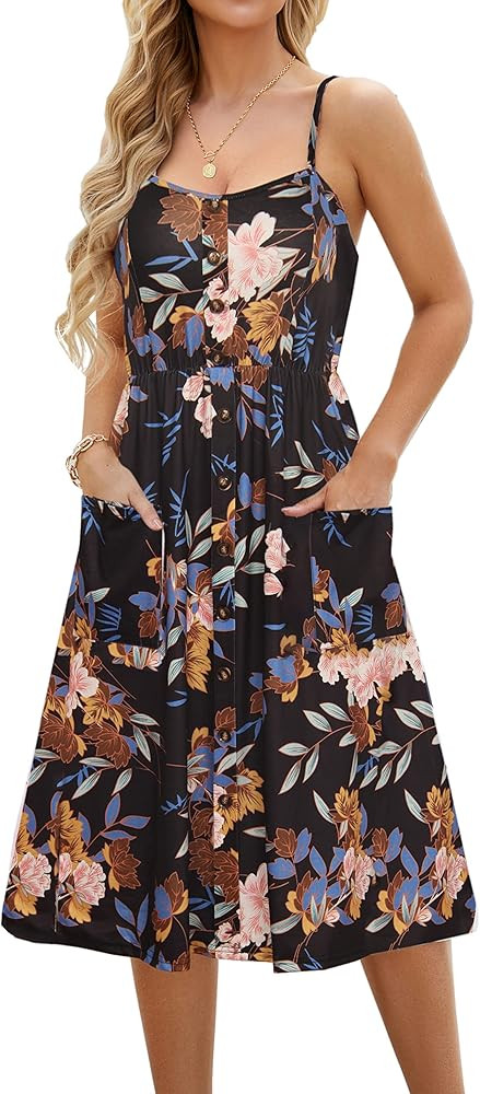 Summer Casual Dresses for Women with Pockets Beach Floral Spaghetti Strap Swing Dress | Amazon (US)