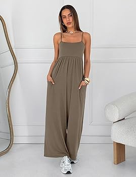 UNIANKIYA Jumpsuits for Women Spaghetti Strap Wide Leg One Piece Overalls Summer Rompers with Poc... | Amazon (US)