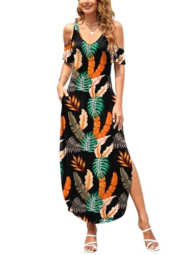 HUSKARY Hawaiian Dresses for Women 2025 Summer Beach Tropical Cold Shoulder Short Sleeve Casual Loose Long Split Dress with Pockets | Amazon (US)