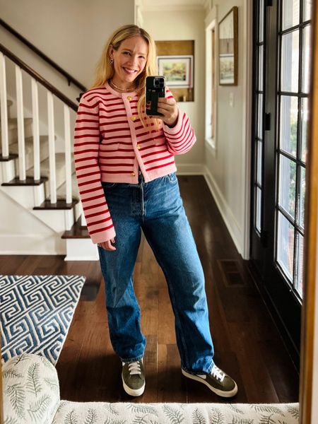 Valentine’s Day casual outfit that doesn’t scream valentines day 😉 red and pink cardigan, dark baggy denim, high top sneakers, stripe socks, shaping cami layered
❤️ Claire Lately 

#LTKshoecrush #LTKover40 #LTKfindsunder100