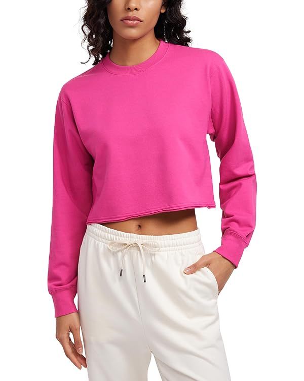 CRZ YOGA Womens Fleece Cropped Sweatshirts Crewneck Long Sleeve Sweat Shirts Double Raw Hem Worko... | Amazon (US)