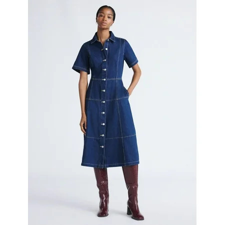 Free Assembly Women s Button Front Cotton Midi Dress with Short Sleeves XS-XXL | Walmart (US)