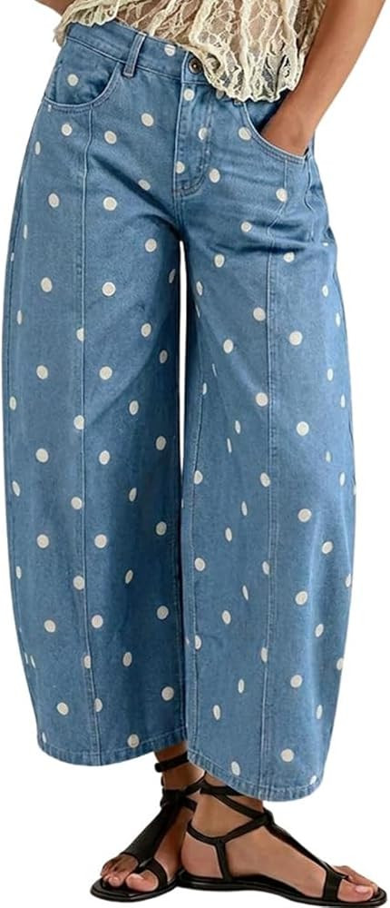 yoeasy Womens Baggy Barrel Jeans Polka Dot Print Boyfriend Y2K Casual Loose Wide Leg Ankle Denim ... | Amazon (US)