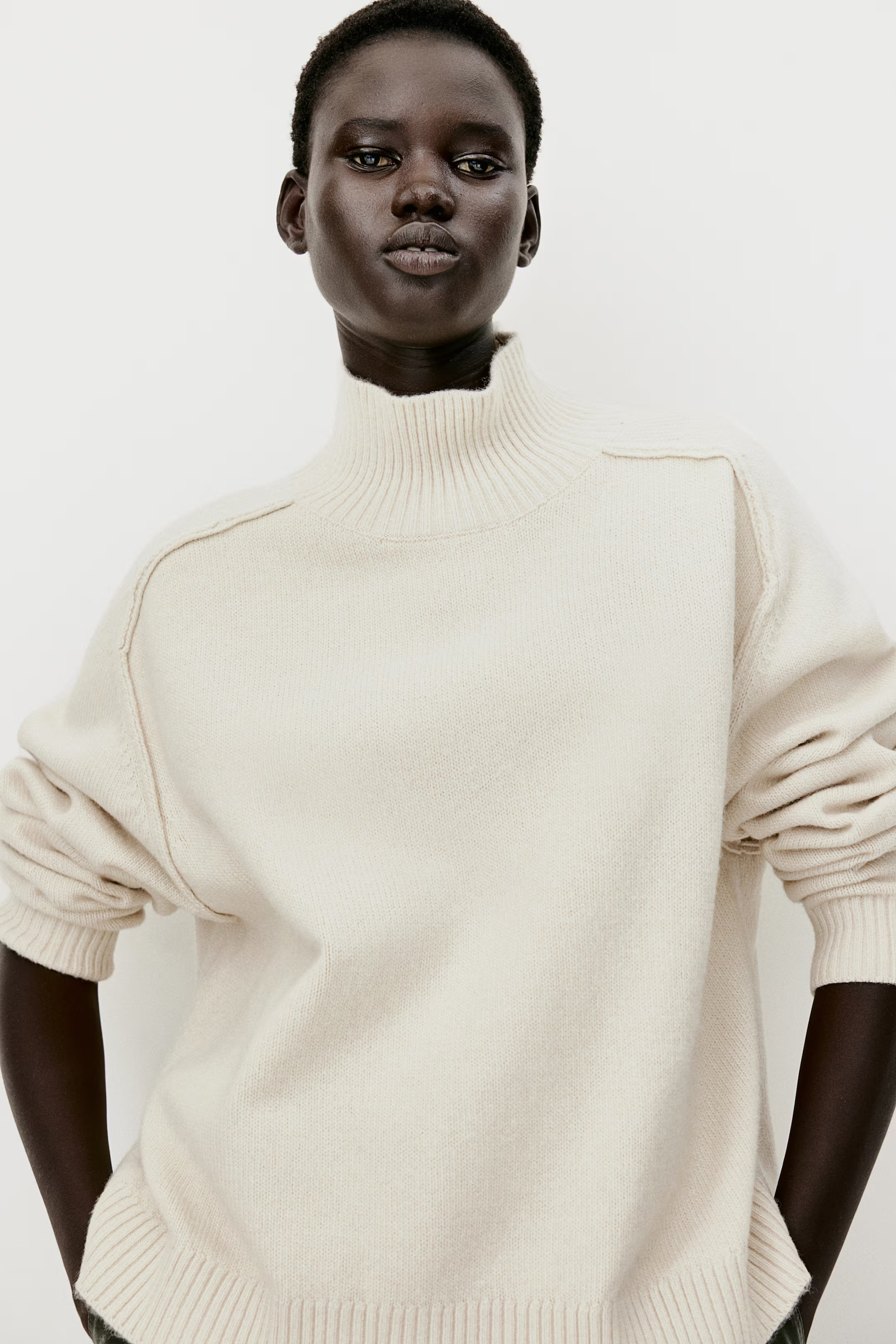 Mock Turtleneck Sweater - Turtleneck - Long sleeve - Cream - Ladies | H&M US | H&M (US + CA)