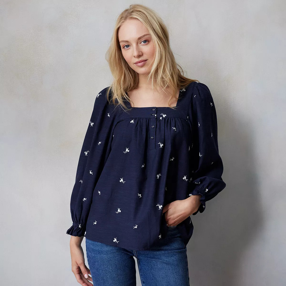 Women's LC Lauren Conrad Henley Puff Sleeve Peasant Top | Kohl's