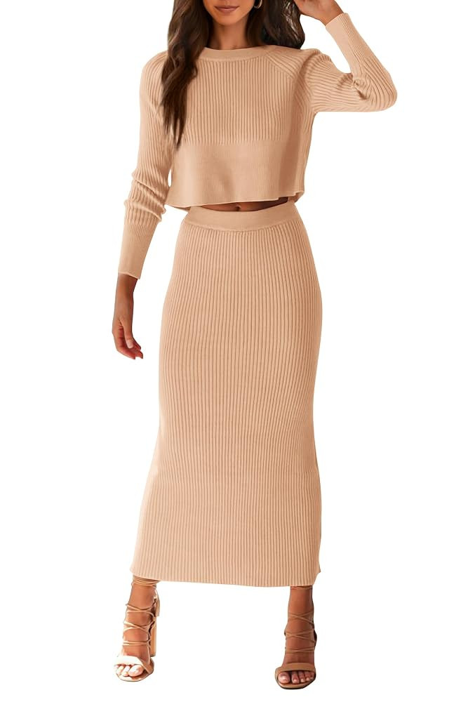 PRETTYGARDEN Women's Spring Fall 2 Piece Sweater Set Rib Knit Long Sleeve Crop Top Maxi Bodycon S... | Amazon (US)