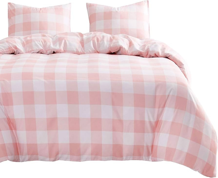 Wake In Cloud - Plaid Comforter Set, Pink and White Buffalo Check Gingham Checker Geometric Moder... | Amazon (US)