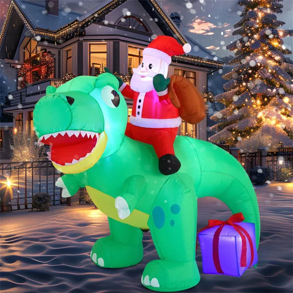 6ft Christmas Inflatable Dinosaur with Santa, Blow Up Dinosaur with Build-in LEDs | Wayfair North America
