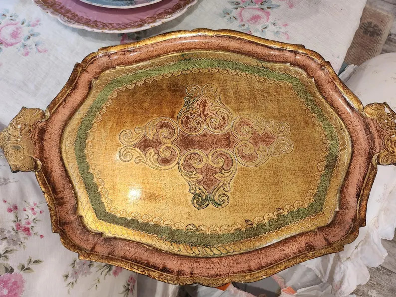 Vintage antique Large Italian florentine tole tray pink salmon shabby green | Etsy (Global)