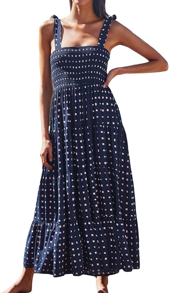 Women's Summer Boho Spaghetti Tie Strap Square Neck Floral Ruffle A Line Beach Long Maxi Swing Dress | Amazon (US)