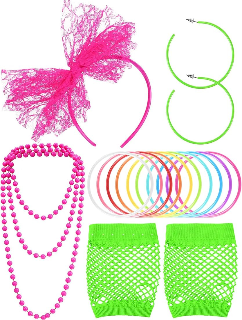 80s Fancy Dress Costume Accessories Lace Headband Earrings Fishnet Gloves Necklace Bracelet for 8... | Amazon (US)