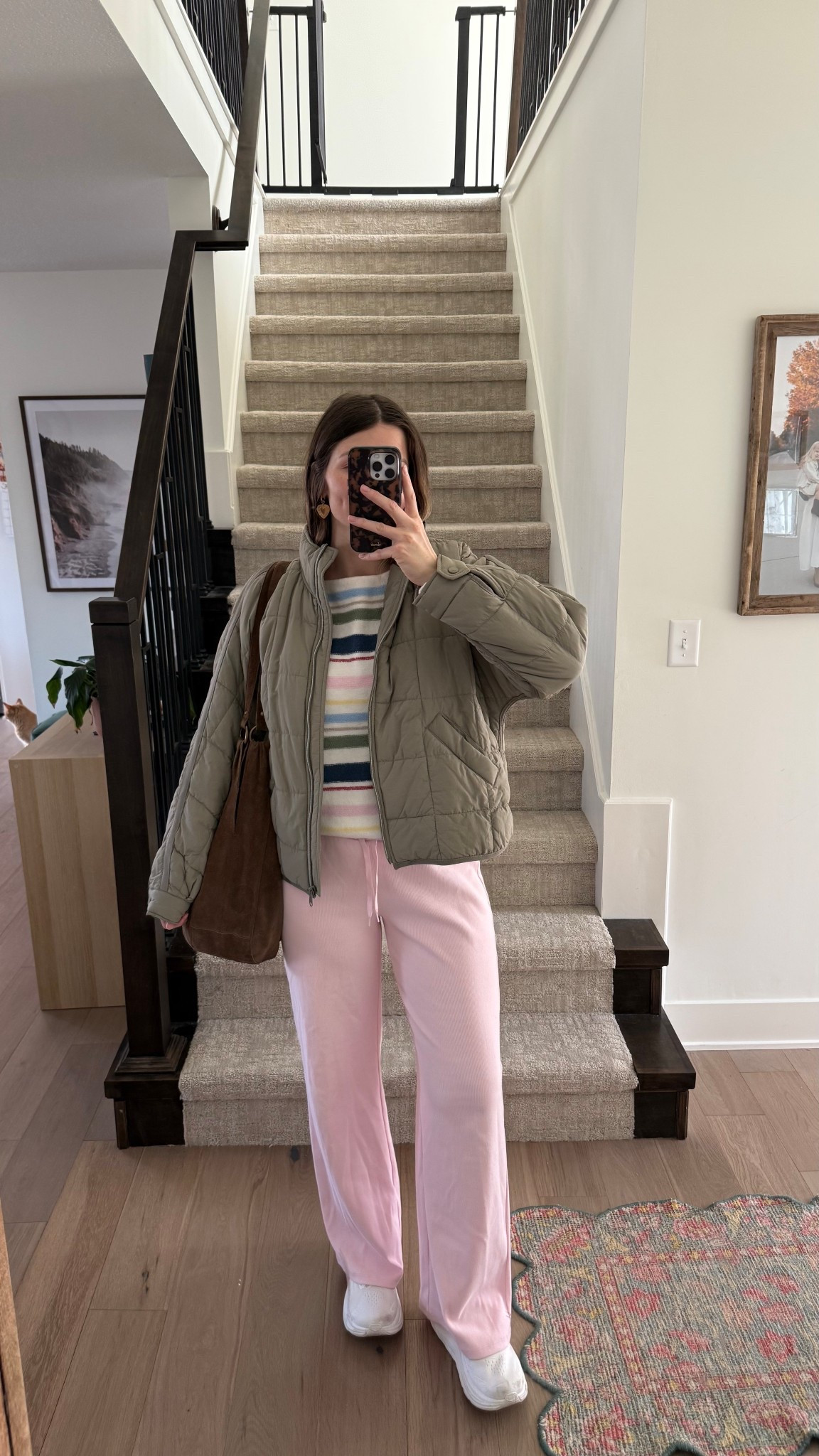 wearing a small in puffer jacket! Wearing a small in colorful striped sweater, so soft and comfy! Sized up in pants postpartum, wearing a medium! 

Mom outfit, spring colors

#LTKootd