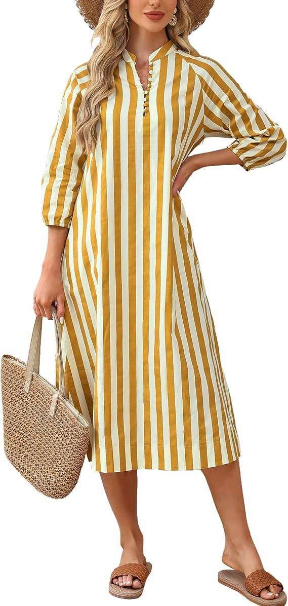 Women Summer Striped Button Down Long Maxi Dress Loose Fit 3/4 Sleeve Cotton Caftan Shirt Dress w... | Amazon (US)