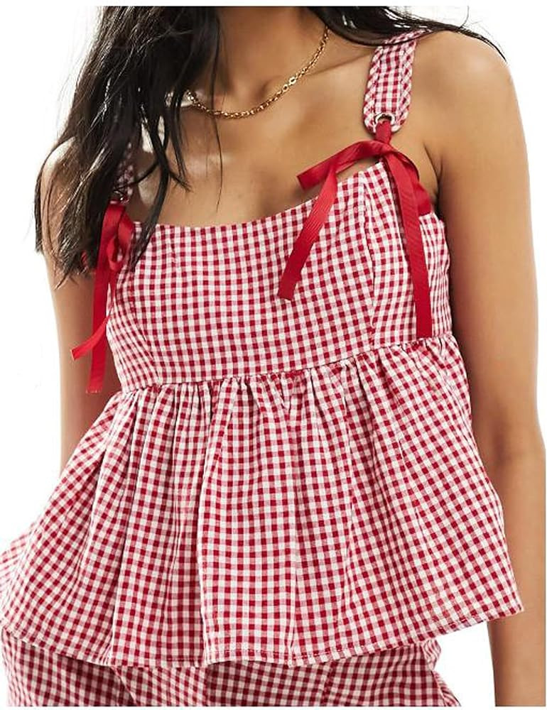 Women Y2k Gingham Tank Top Sleeveless Smocked Tank Tops Plaid Camisole Ruffle Hem Peplum Tops Sum... | Amazon (US)