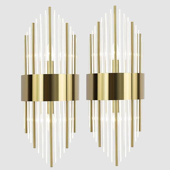 Modern Gold Wall Sconces Set of Two Crystal Sconces Wall Lighting 2-Light Brass Glass Wall Light ... | Amazon (US)