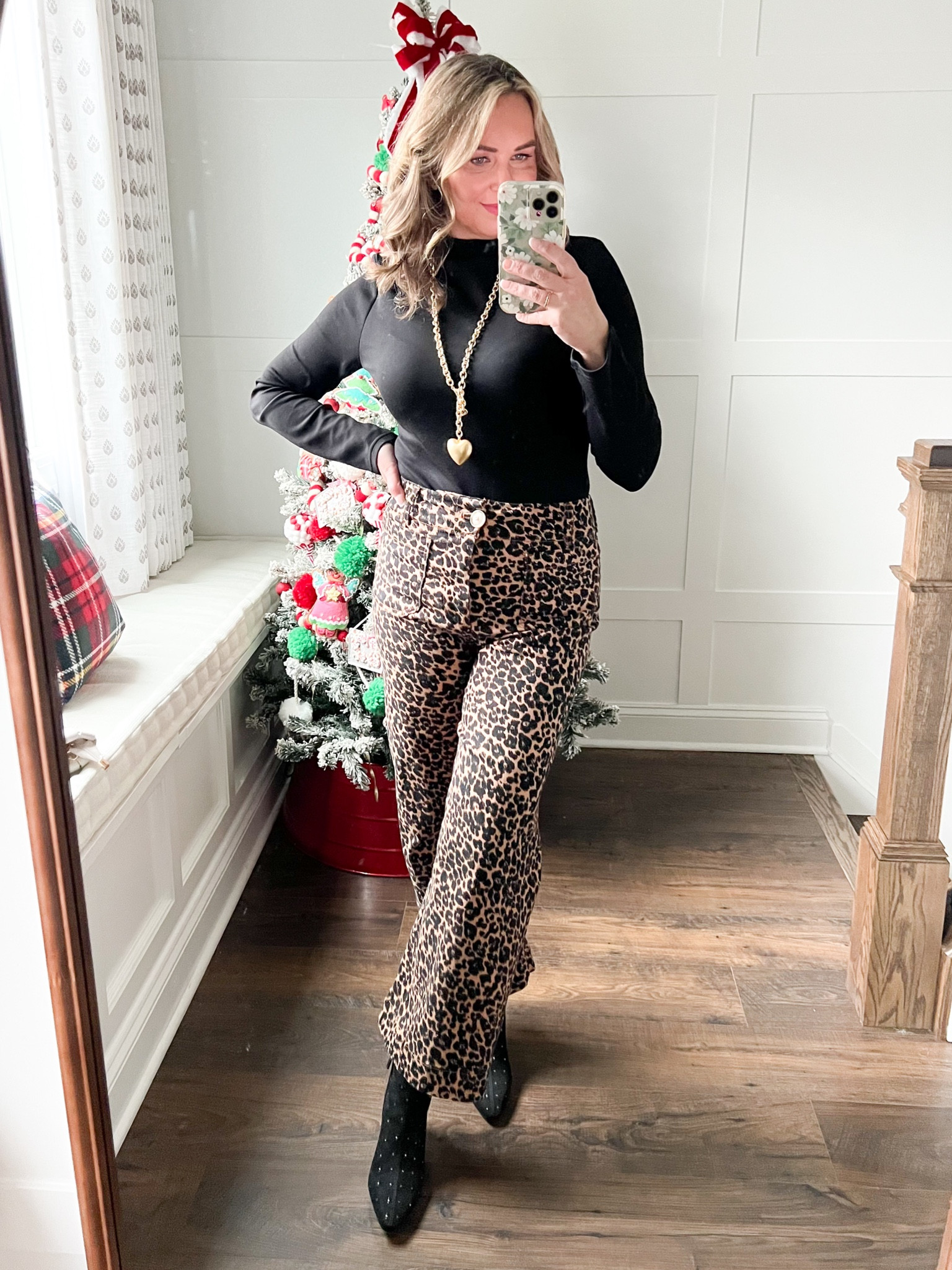 What I wore to girls night out ✨wearing size large in the bodysuit (I always size up in bodysuits so they’re more comfortable). These pants are so cute but run a tad small in my opinion. If in-between sizes, size up. These boots are covered in black rhinestones. Obsessed with this statement puffy heart necklace! 

#LTKShoeCrush #LTKStyleTip #LTKOver40