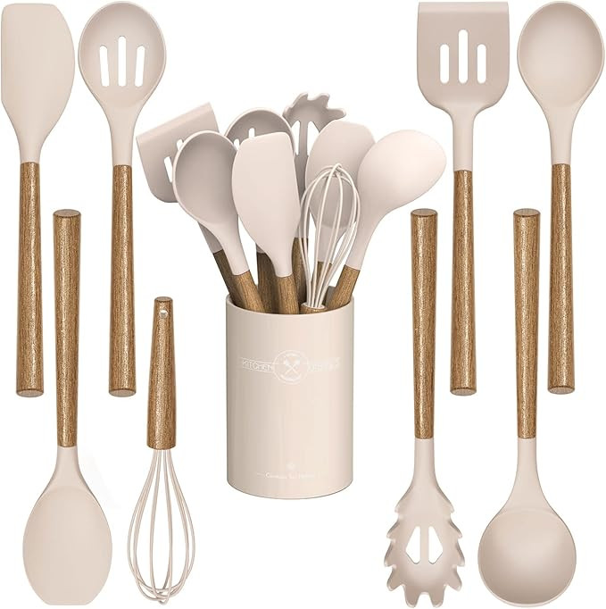 Silicone Kitchen Cooking Utensil Set, 9Pcs Kitchen Utensils Spatula Set with Wooden Handle for No... | Amazon (US)