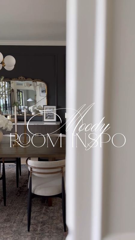 Moody dining room, powder room, and guest bathroom decor! 🖤

Paint colors:
- Dining Room: Iron Ore
- Powder Room: Web Gray
- Bathroom (with black vanity): Cityscape

Dining room rug is in the Olive/Charcoal! And linked my dining chairs (I have the Cary Linen) + a designer inspired version!

#LTKVideo #LTKhome #LTKstyletip