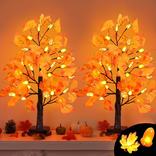 2 Pack 24 Inch Artificial Lighted Maple Tree with 48 LEDs Timer Fall Thanksgiving Decorations Battery Operated Prelit Acorn Maple Tree Lights for Thanksgiving Table Decor Home Indoor Autumn Harvest | Amazon (US)