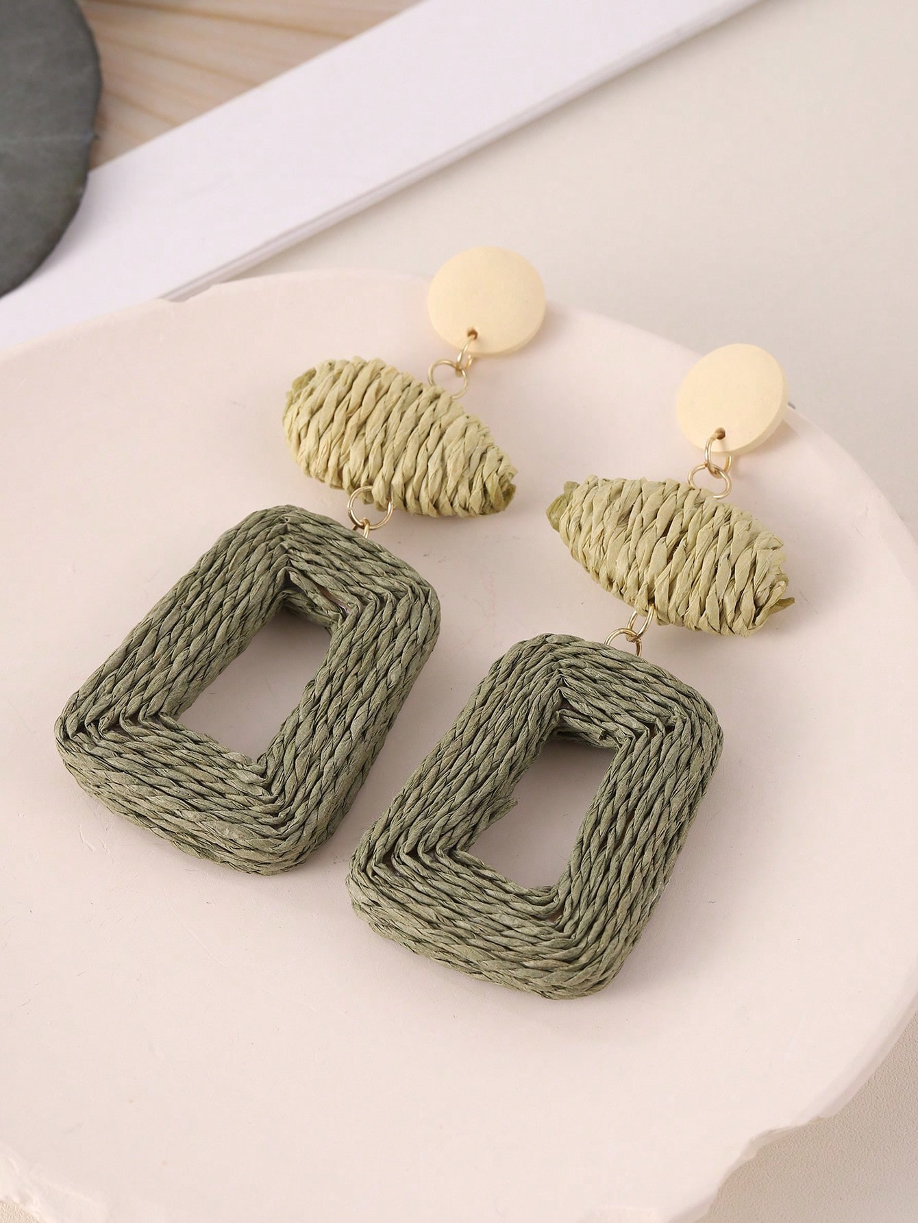 1pair Handmade Woven Paper Rope Earrings With Geometric Patchwork Design And Colorful Contrasting... | SHEIN