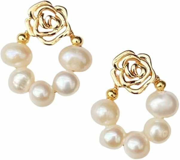 Freshwater Pearl Hoop Earrings with Gold-Plated Rose Design Elegant and Timeless Jewelry for Wome... | Amazon (US)