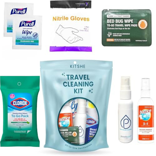 Travel Cleaning Kit - Travel Size Cleaning Supplies For Hotels, Bathrooms with Gloves, Surface Wipes, Fabric Cleaner, Air Cleaner, Hand Wipes, Bed Bug Wipes by KITSHE | Amazon (US)