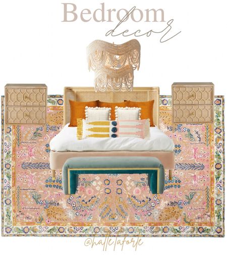 Bedroom decor 
Anthropologie home decor 
Lighting 
Bed 
Pink velvet bed
Boho bedroom 
Green bench 
Velvet bench 
Nightstands 
Chandelier 
Pillows 
Throw pillows 
Rug 
Colorful rug 

#LTKhome #LTKstyletip #LTKfamily