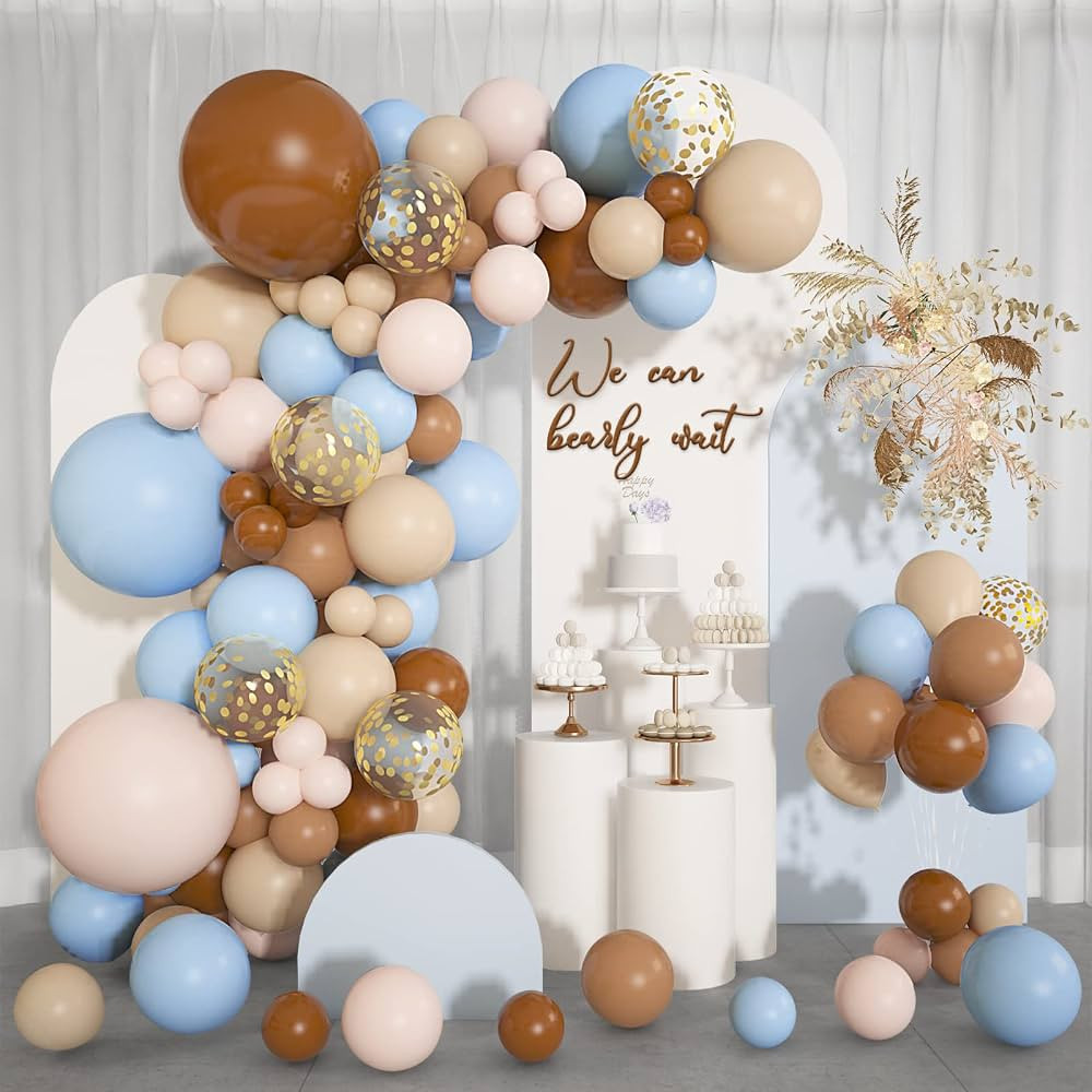 Brown Coffee Blue Balloons Garland Arch Kit, 142Pcs Boho Nude Baby Blue Neutral Balloons Tedy Bea... | Amazon (US)