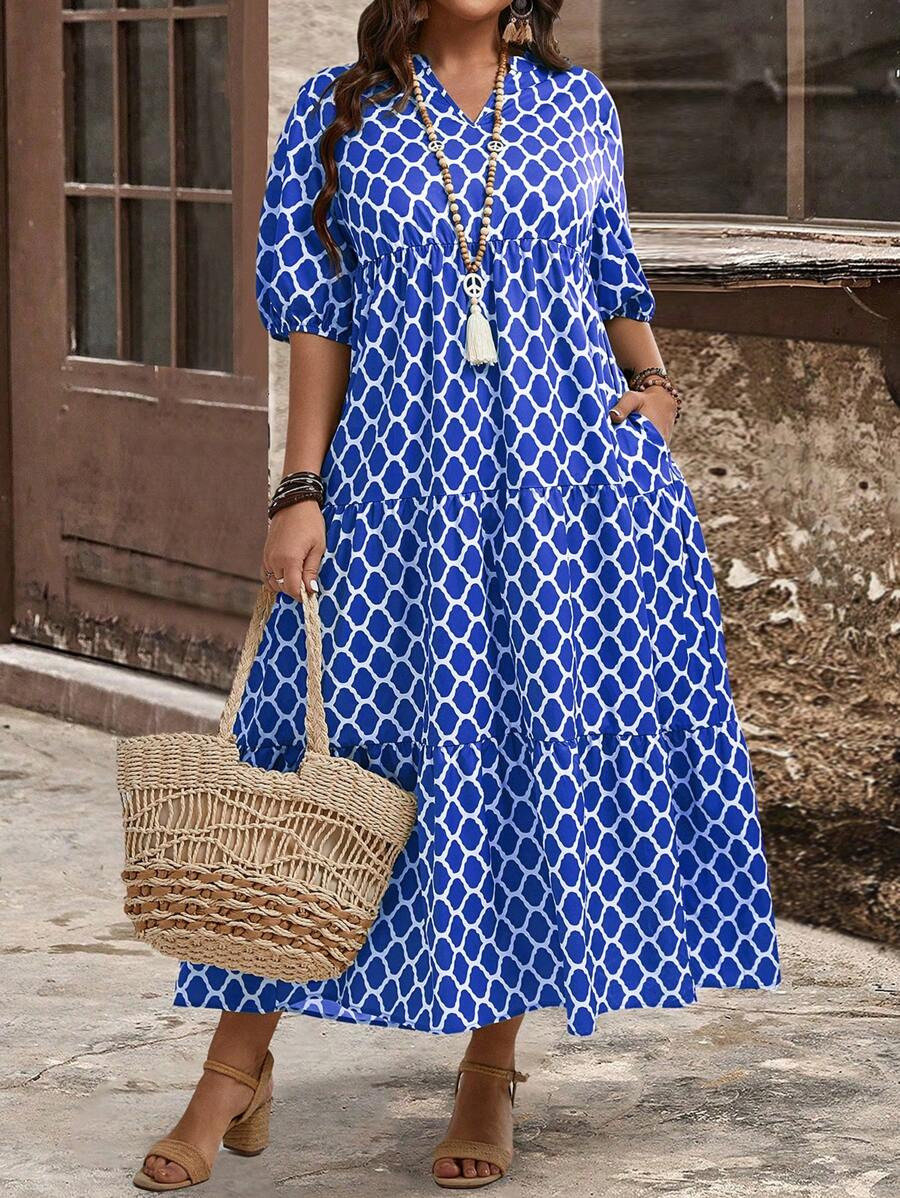 EMERY ROSE Plus Size V-Neck Short Sleeve Allover Print Ruffle Hem Elegant Midi Dress, For Summer,... | SHEIN