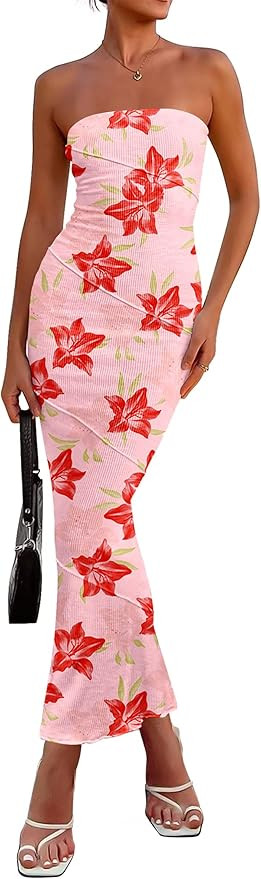 PRETTYGARDEN Women's 2026 Summer Floral Bodycon Maxi Dresses Ribbed Strapless Tube Casual Boho Pa... | Amazon (US)