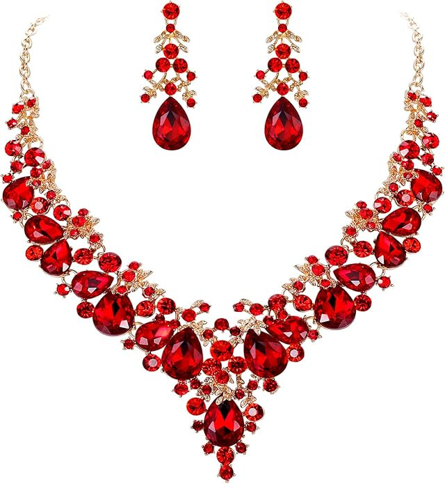 EVER FAITH Women's Crystal Elegant Bridal Floral Cluster Teardrop Statement Necklace Earrings Set | Amazon (US)