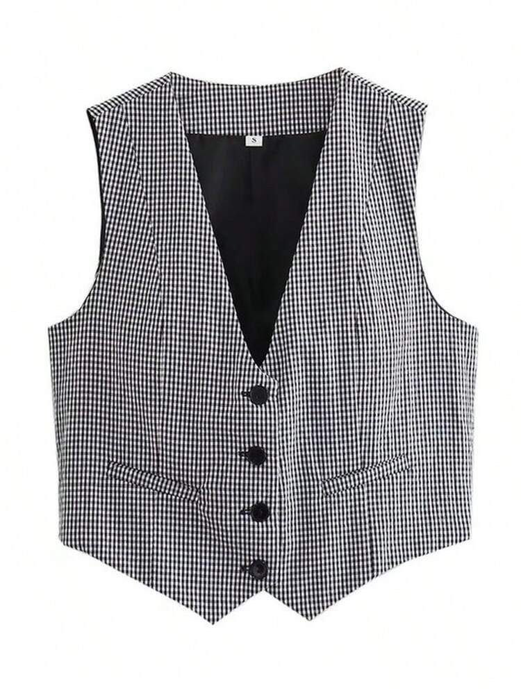 Women Gingham Button-Up Vest – Tailored And For Versatile Styling | SHEIN