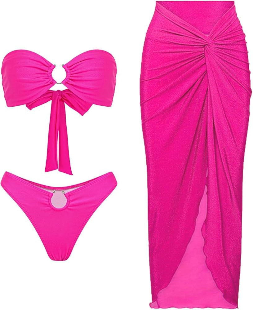 FLAXMAKER Women Bikini Set High Waisted Back Tie Pink Two Piece Swimsuit Bathing Suit with Sarong | Amazon (US)