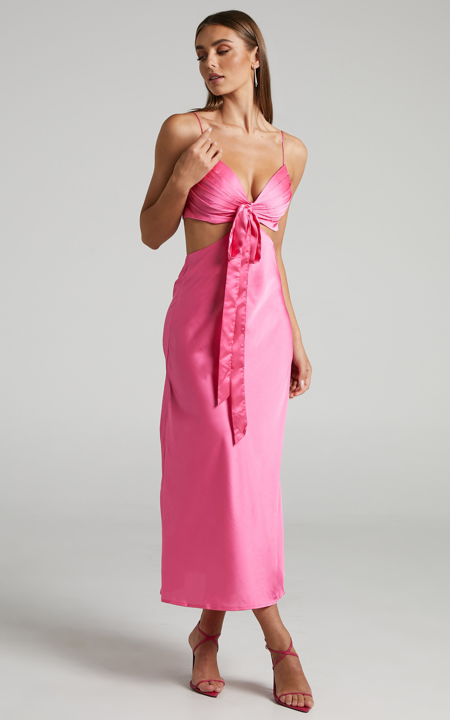 Melany Midi Dress - Pleated Bust Cut Out Tie Detail Satin Slip Dress in Pink | Showpo (ANZ)