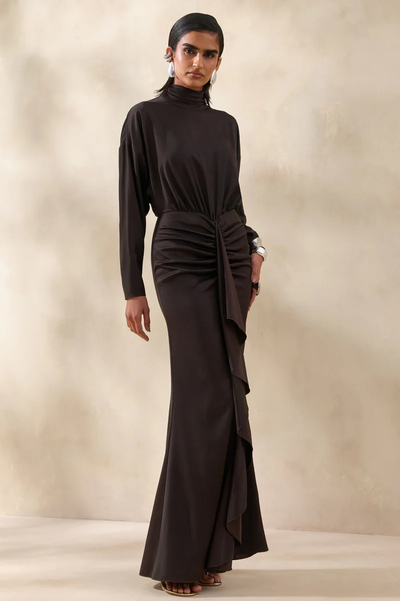 Perla  Dark Brown High-Neck Maxi Dress With Gathered-Detailing | Club L London