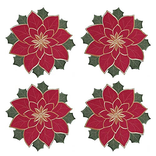 OWENIE Christmas Placemats Set of 4, Red Embroidered Applique Poinsettia Table Mats,4 Pieces 15 Inch Round Placemat for Xmas Holiday Home Decorations (Textured, 15 Inches)’ | Amazon (US)