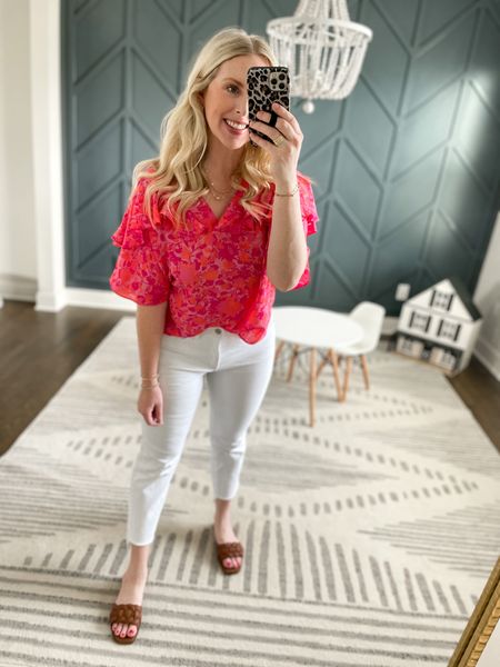 Daily try on, Walmart outfit, Walmart fashion, time and tru, white jeans, ruffle blouse, Target sandals 

#LTKstyletip #LTKshoecrush #LTKunder50
