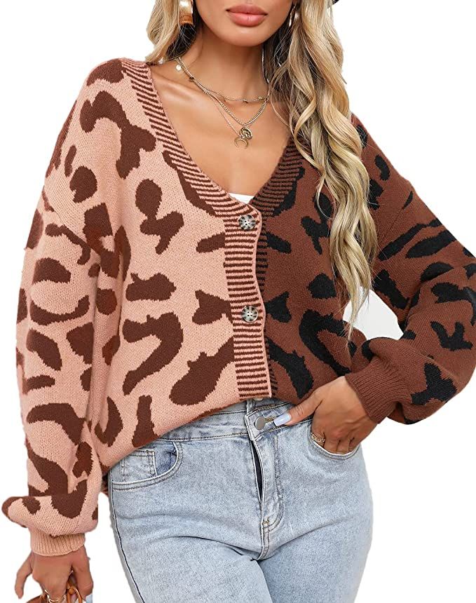 Raikamitu Womens Long Sleeve Button Down Colorblock Leopard Cardigan Sweaters Knit V Neck Top Ope... | Amazon (US)