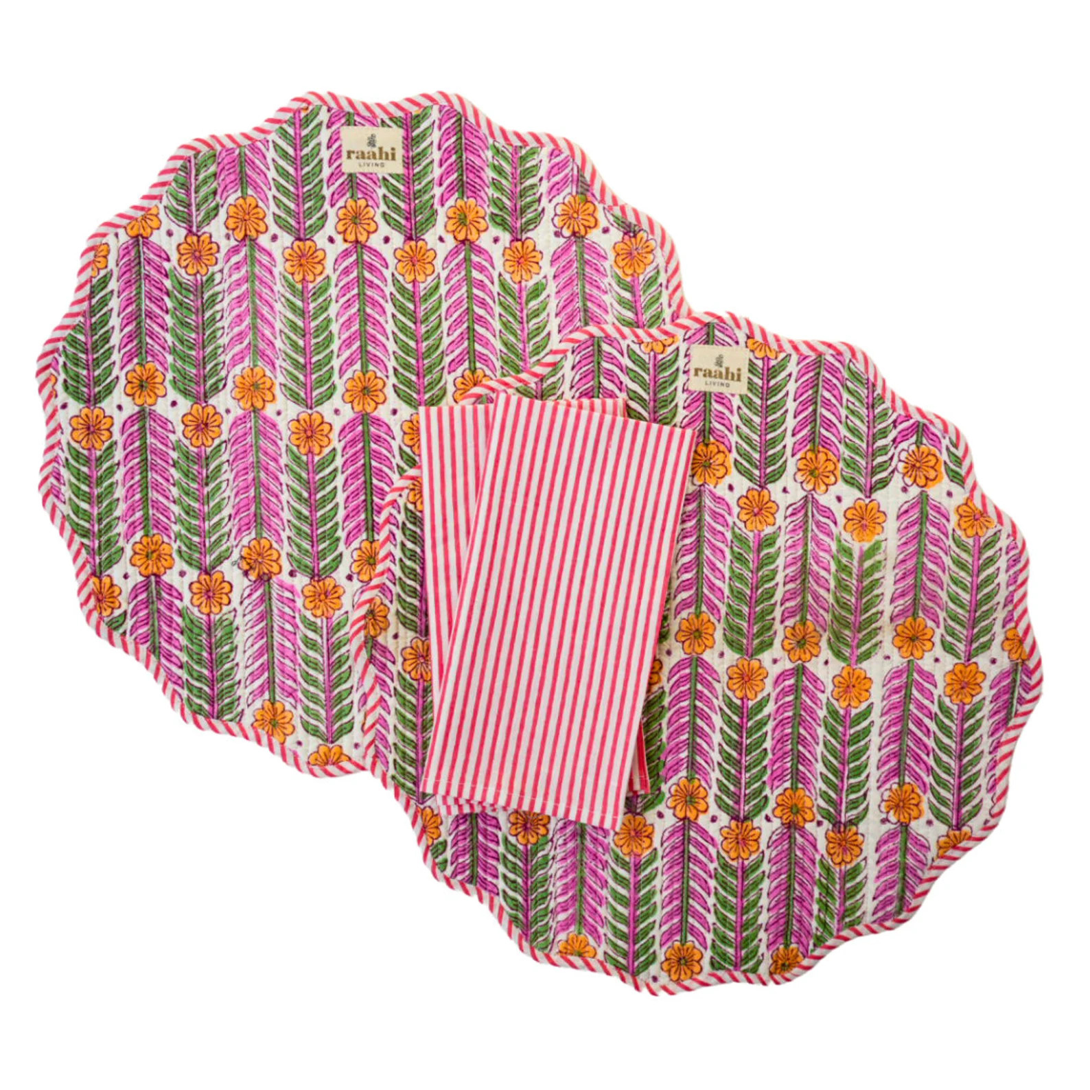 Hand Block Print Scallop Edge Round Reversible Placemats + Napkin Set of 2 100% Cotton Natural Dy... | Etsy (US)