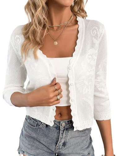 Kate Kasin Crochet Crop Cardigans Sweater for Women Trendy Lightweight 3/4 Sleeve Button Down Knitted Shrugs Top White XL | Amazon (US)