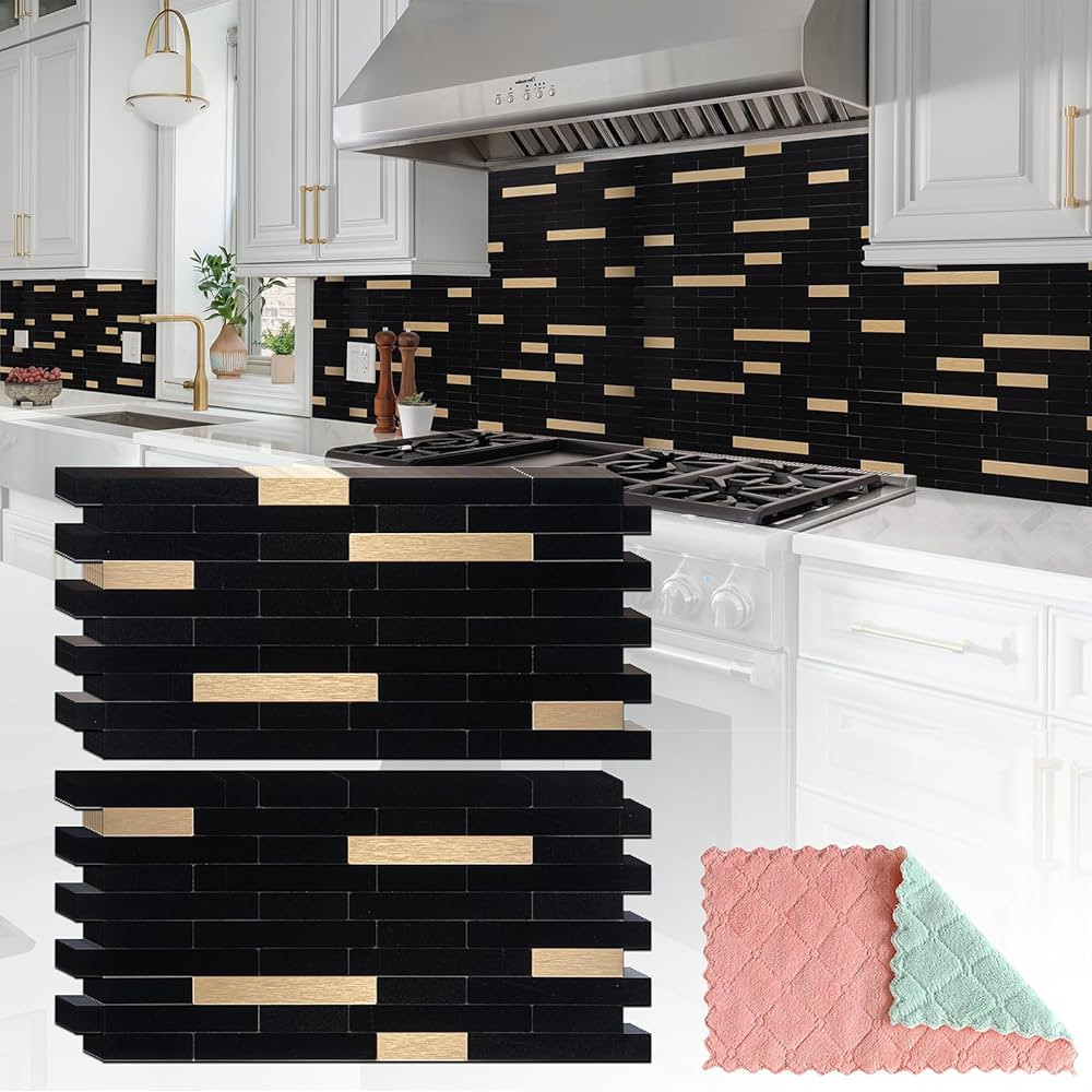 20 hojas de azulejos para despegar y pegar, color negro con aspecto dorado de metal para mejorar ... | Amazon (US)