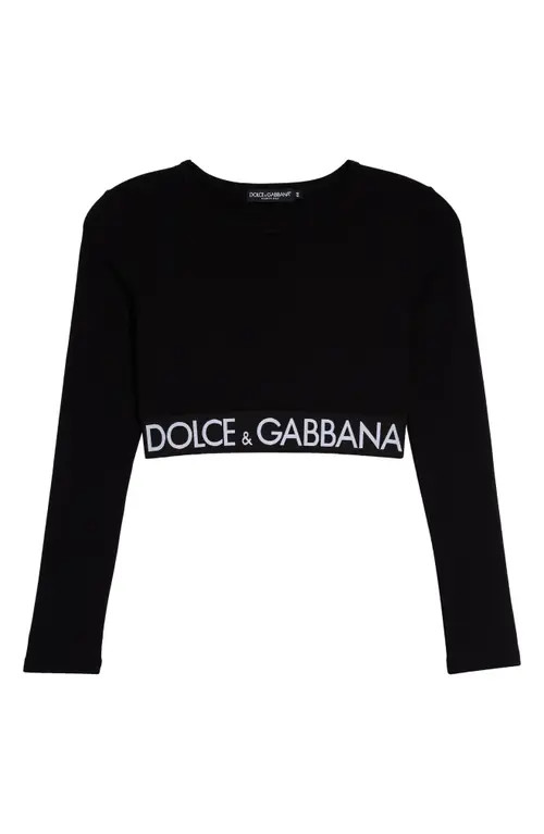Dolce&Gabbana Logo Waistband Long Sleeve Stretch Cotton Crop Top in N0000 Nero at Nordstrom, Size 12 Us | Nordstrom